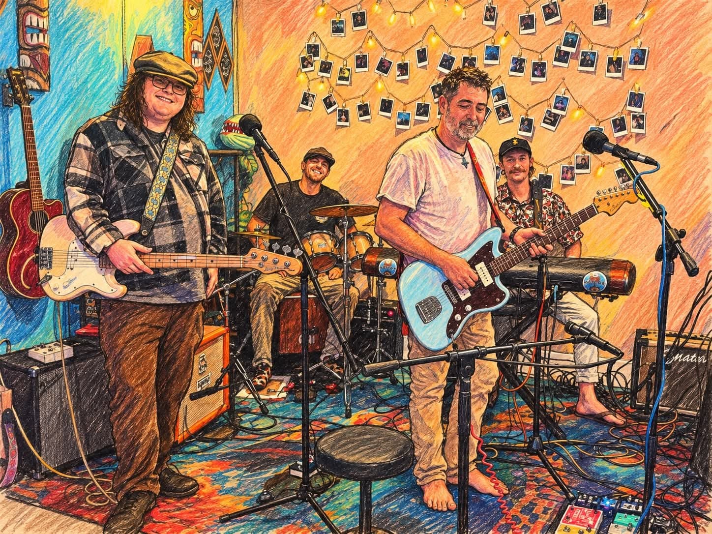 A colored-pencil drawing of Funkharp in their practice room: bass on the left, drums in back, Joseph on a blue electric guitar in the middle and keys on the right, under a string of lights hung with Polaroids.